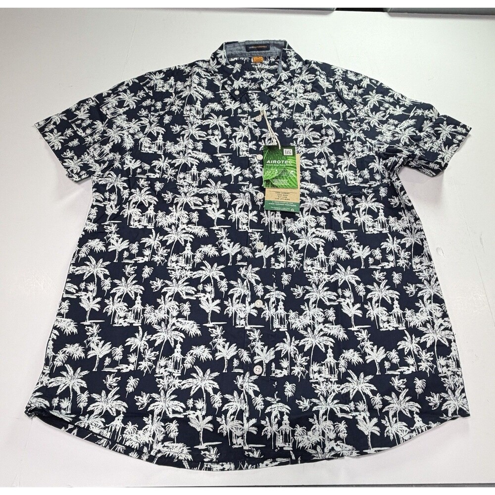 $88 Tailor Vintage Luxe Performance Palm Tree Hawaiian Shirt Navy Men’s Medium